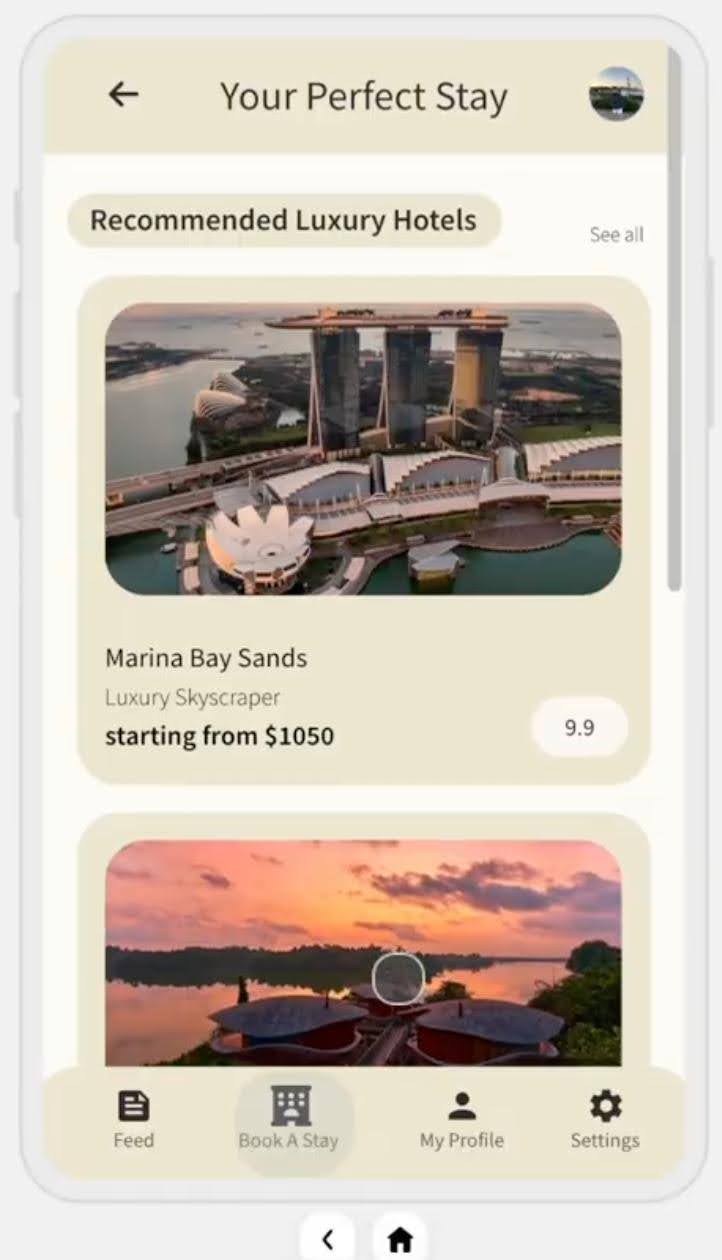 Figure 29: Based on the guest's preference profile, Alluvio surfaces personalised luxury hotel recommendations ranked by compatibility, making discovery feel intuitive and tailored.