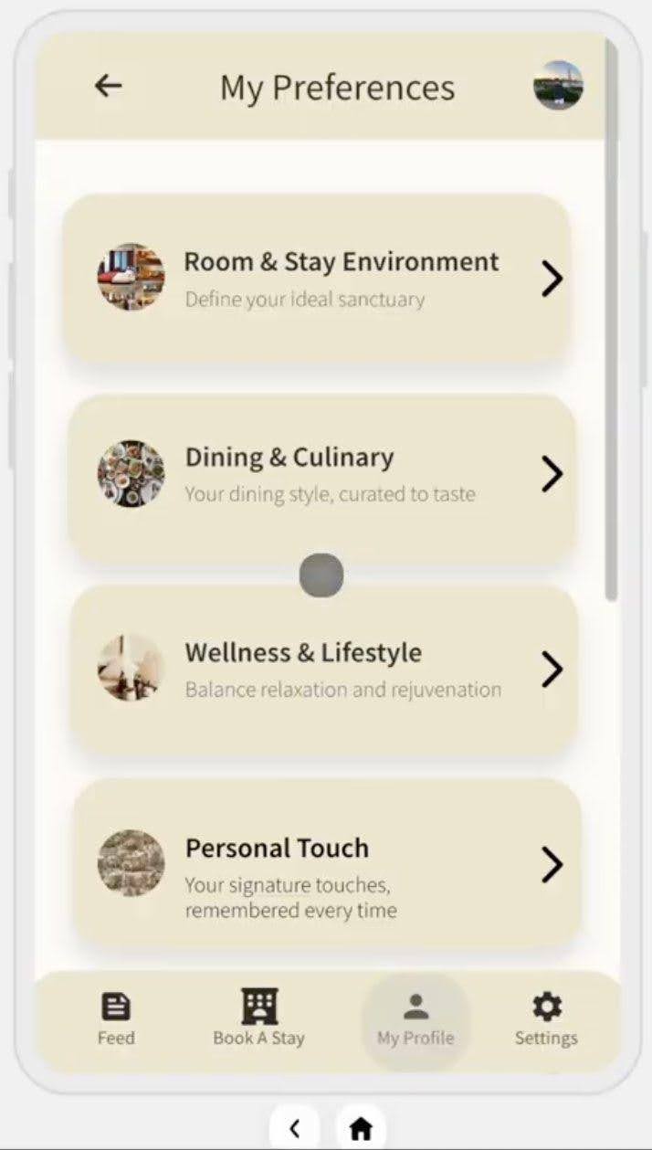 Figure 28: The mobile app mirrors the web platform's preference analytics. Guests can review, update, and refine their profiles at any time, ensuring preferences remain current