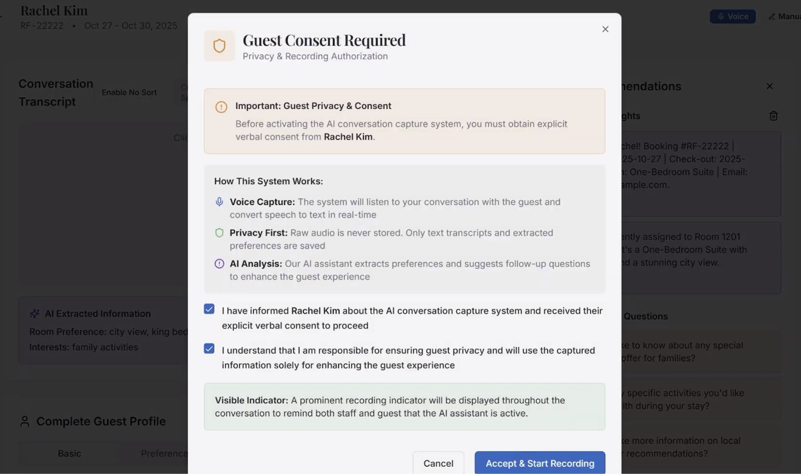 Figure 36: Aria requires explicit guest consent before activation, with transcripts retained briefly for verification