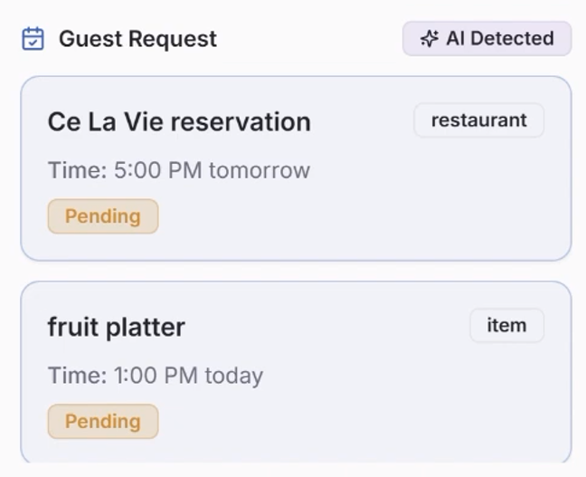 Figure 38: Aria surfaces actionable guest requests and captured preferences for staff to review, edit, and approve