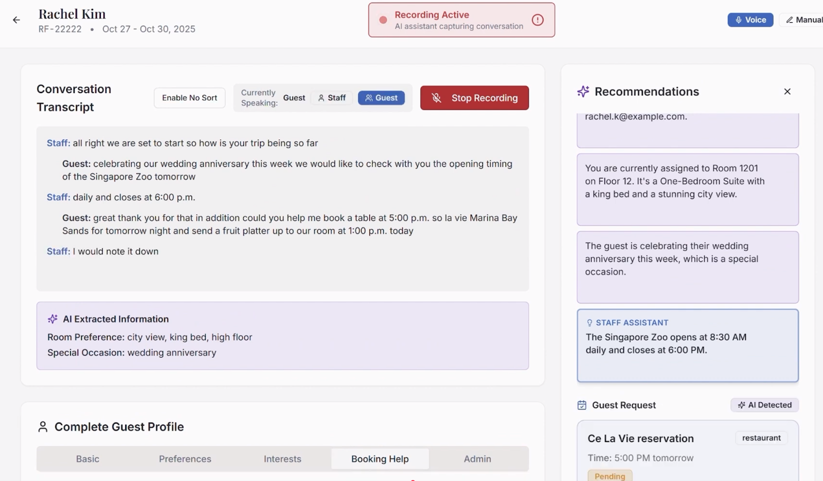 Figure 37: Throughout the conversation, Aria does transcription and highlights key extracted information, while surfacing AI-generated prompts and answers to guest questions